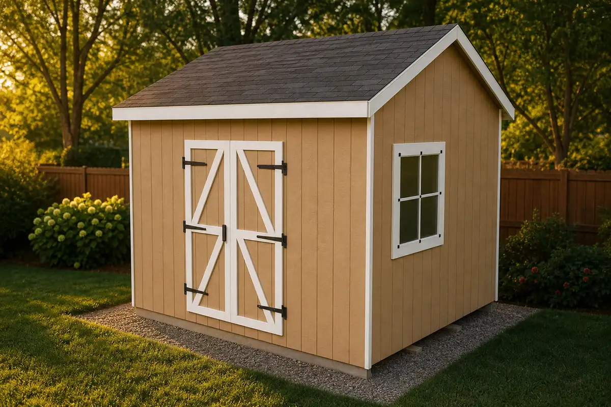 Tan gable storage shed with white double barn doors and a window in a backyard at golden hour