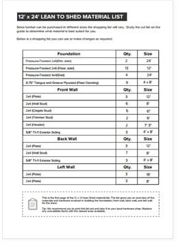 12x24 Lean-To shed plan material list