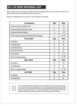14x14 Lean-To shed plan material list