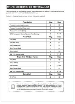 14x16 Lean-To shed plan material list