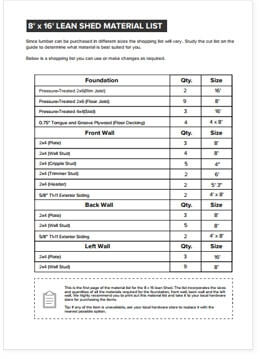 8x16 Lean-To shed plan material list