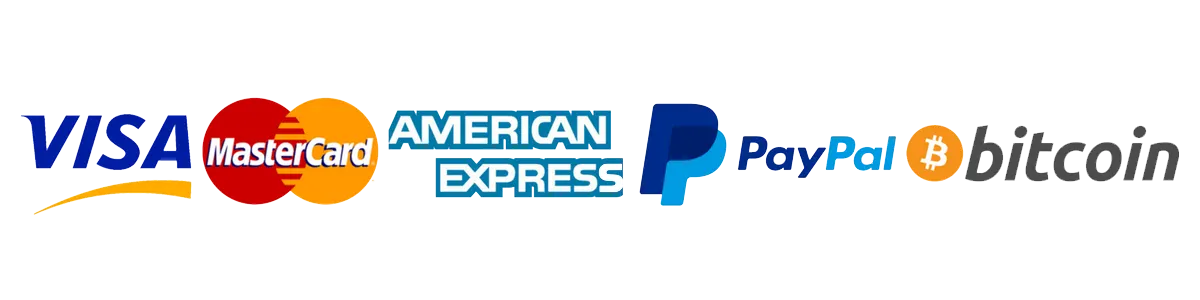 Visa, Mastercard, American Express, PayPal, Bitcoin
