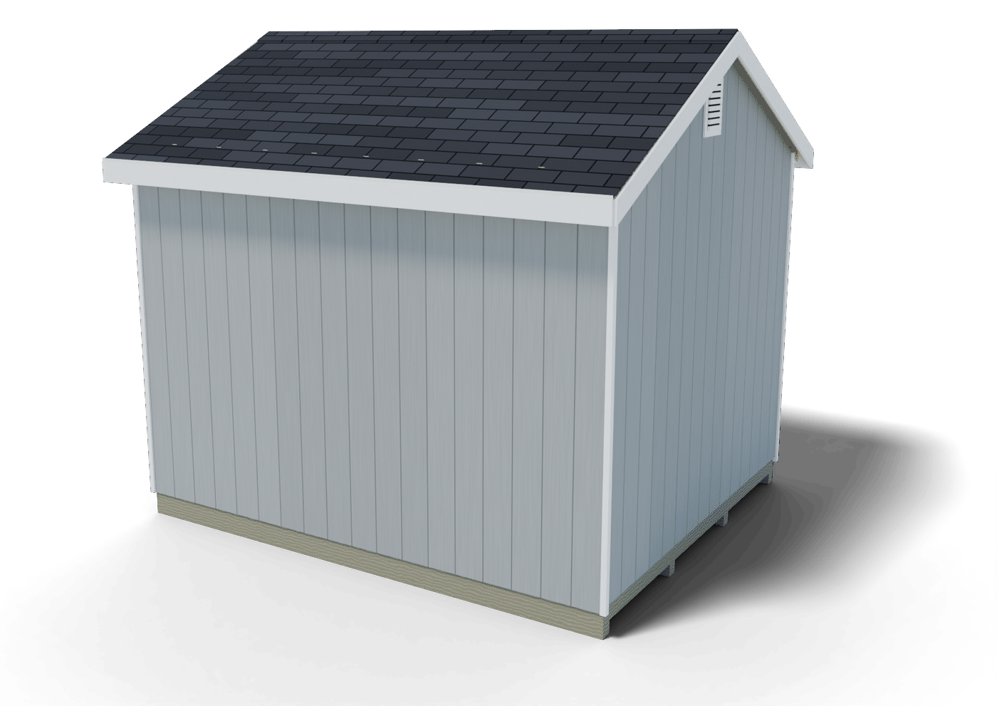 Back and side of the finished 10x12 gable shed, 3D render of the plan