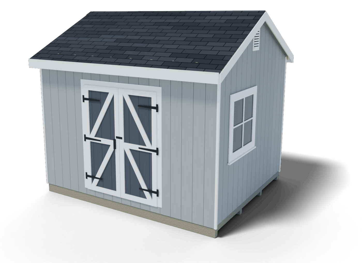 Finished 10x12 gable shed with double doors with Z braces and a side window, 3D render of the plan