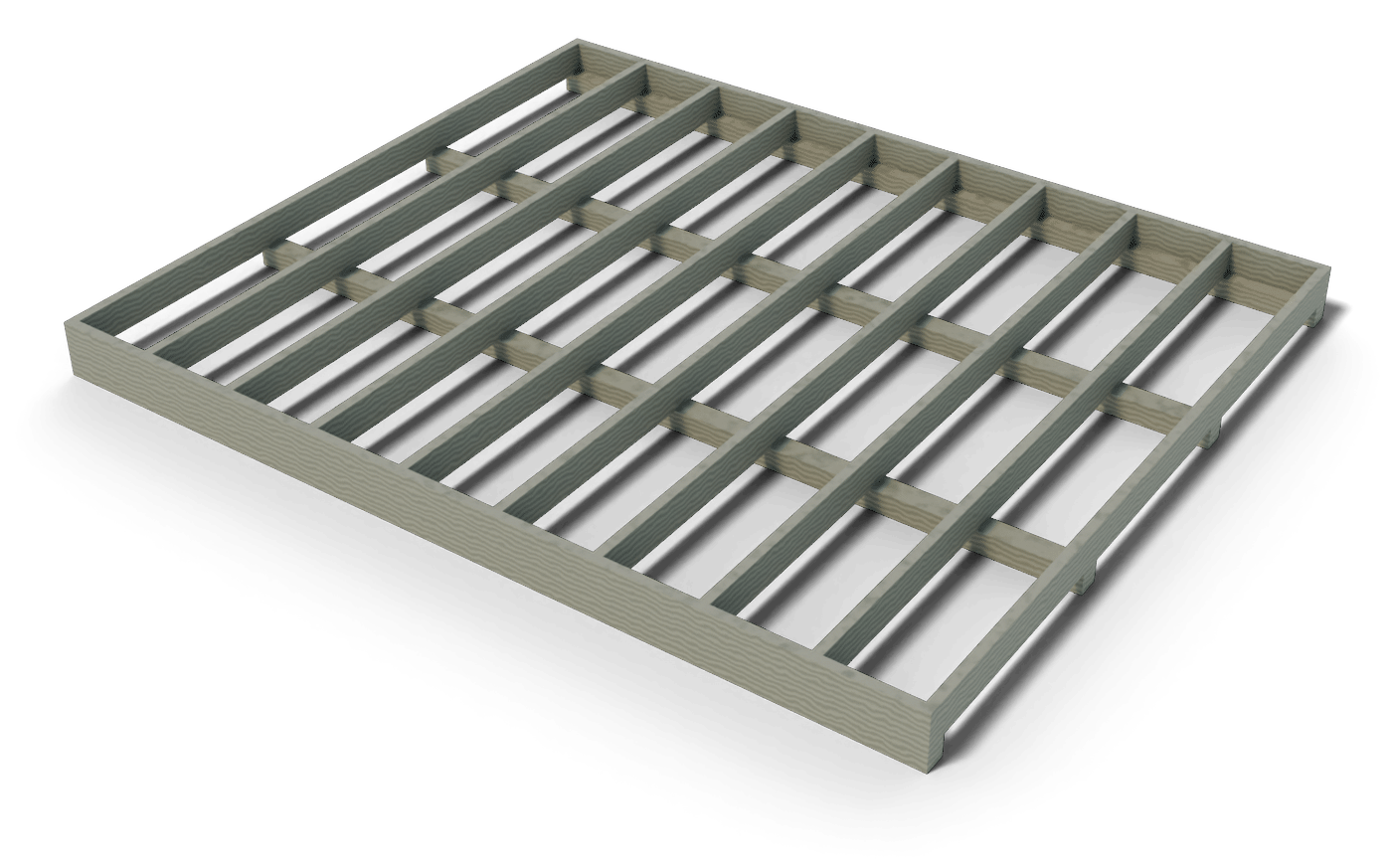 Build step: the 10x12 shed floor frame: pressure-treated joists and rim boards on skids