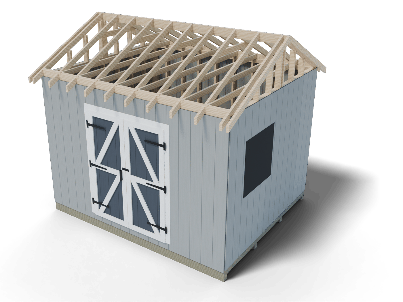 Build step: the 10x12 gable shed roof framing in place, rafters on the wall plates