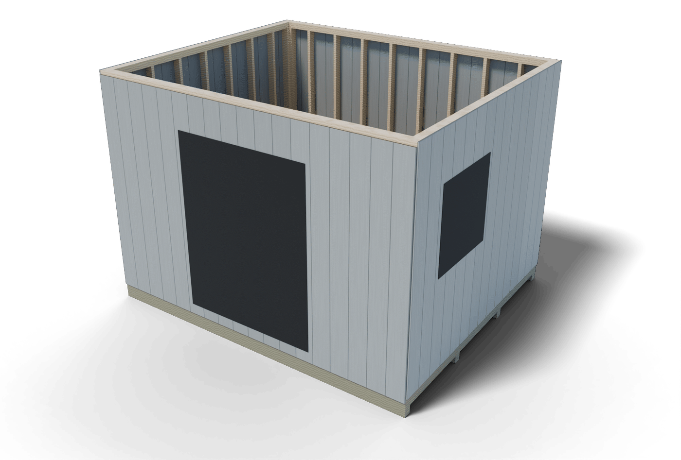 Build step: the 10x12 shed walls framed, sided with T1-11 and raised on the deck