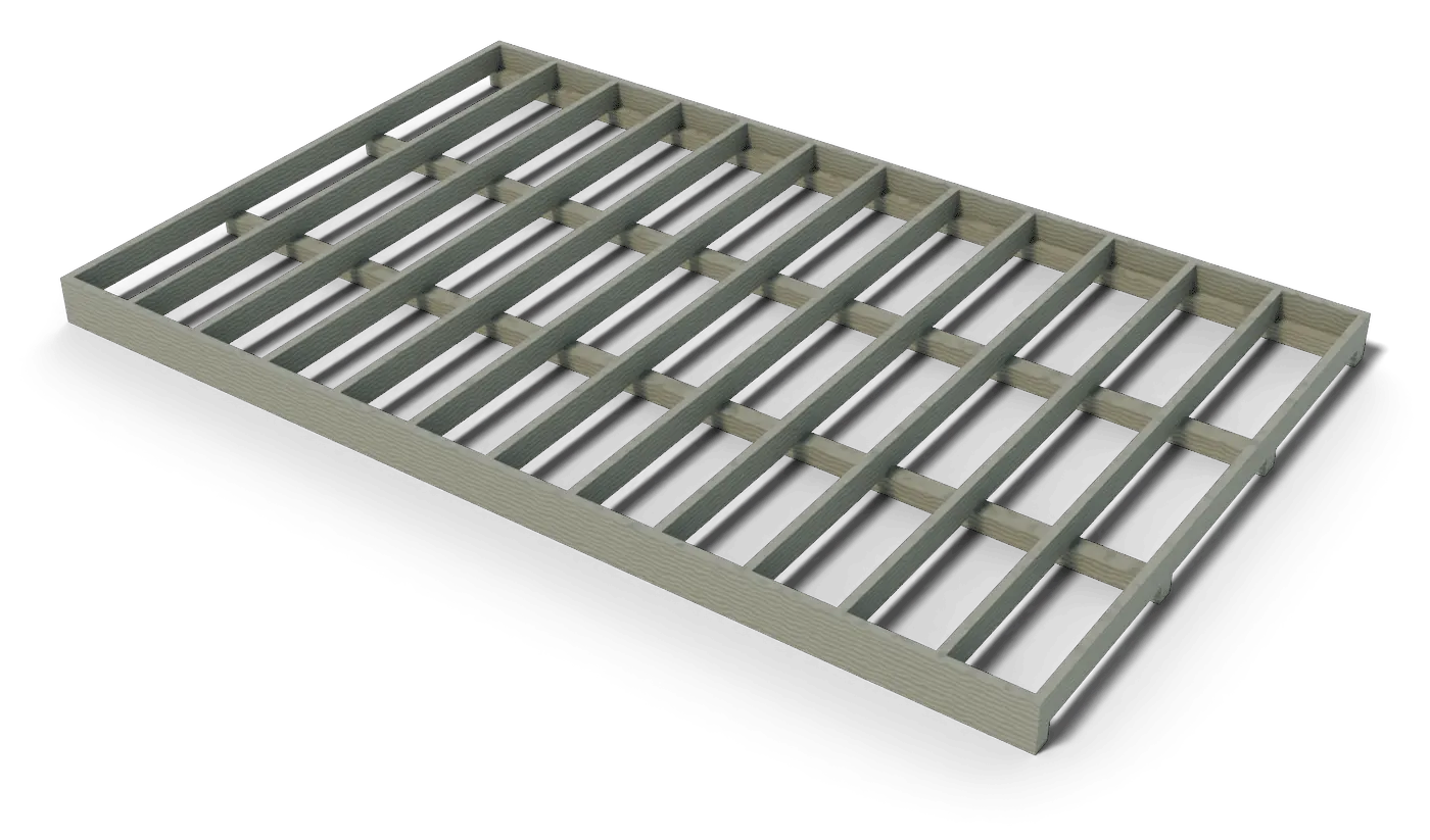 Build step: the 10x16 shed floor frame: pressure-treated joists and rim boards on skids