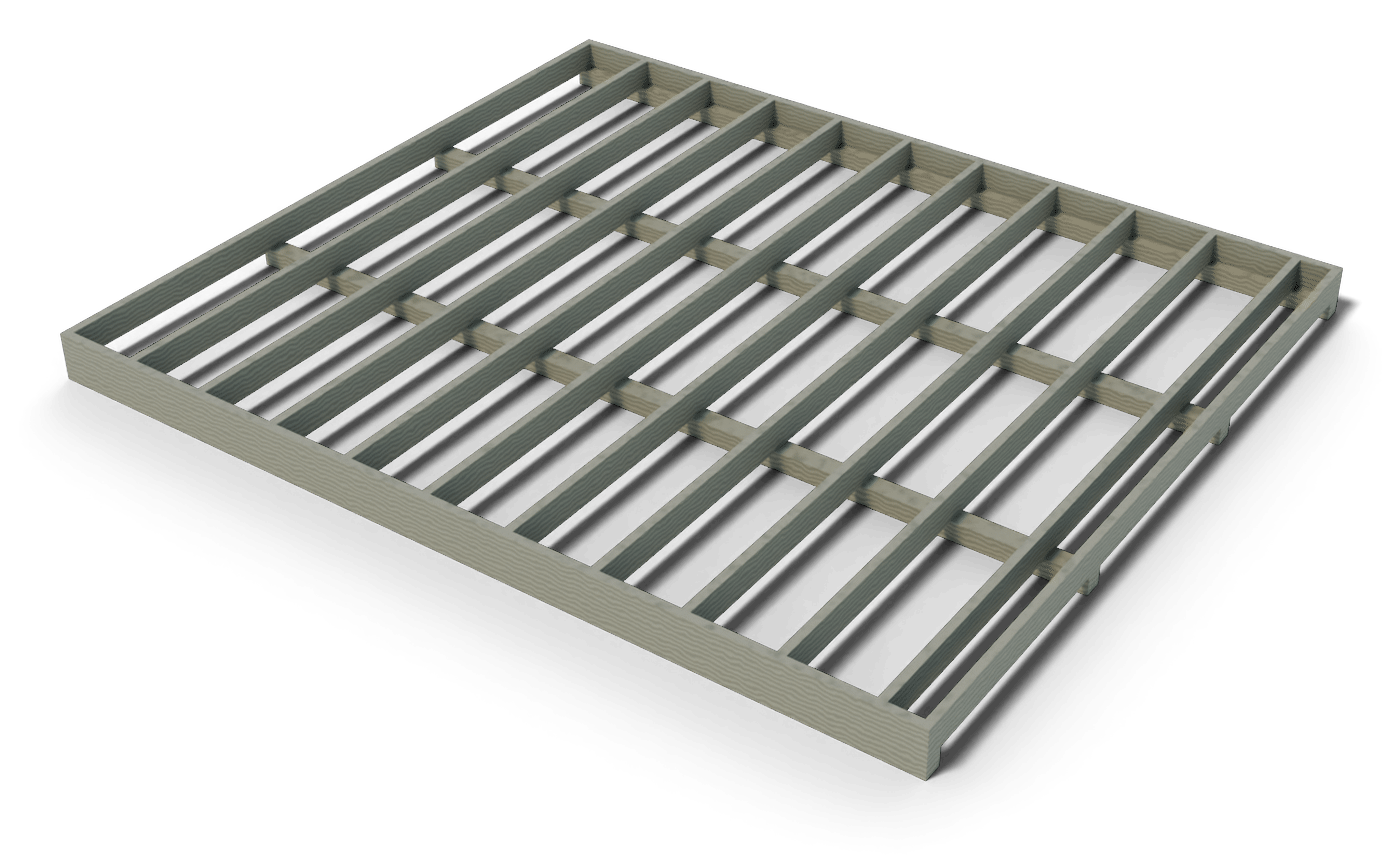 Build step: the 12x14 shed floor frame: pressure-treated joists and rim boards on skids