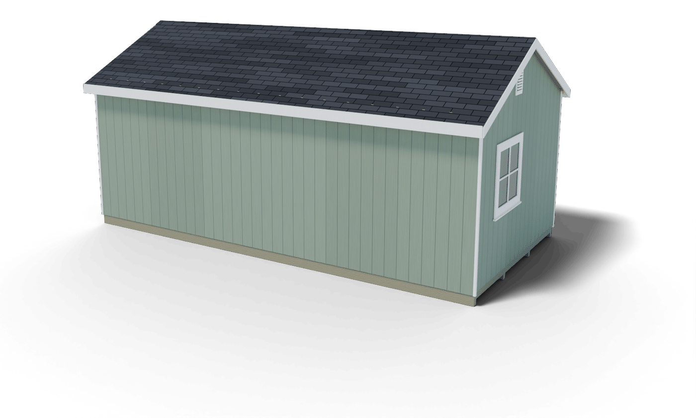Back and side of the finished 12x24 gable shed, 3D render of the plan