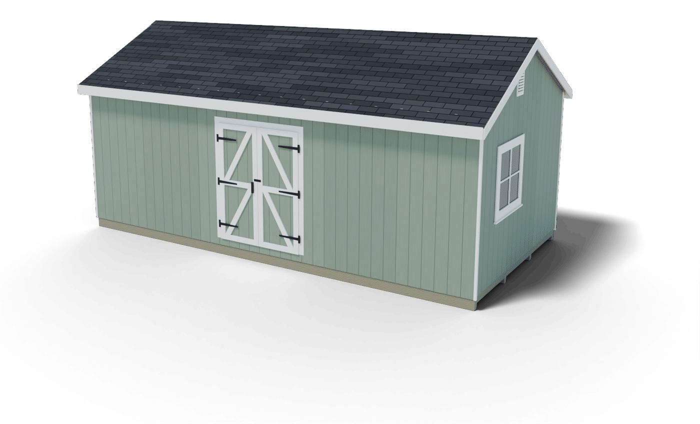 Finished 12x24 gable shed with double doors with Z braces and a side window, 3D render of the plan