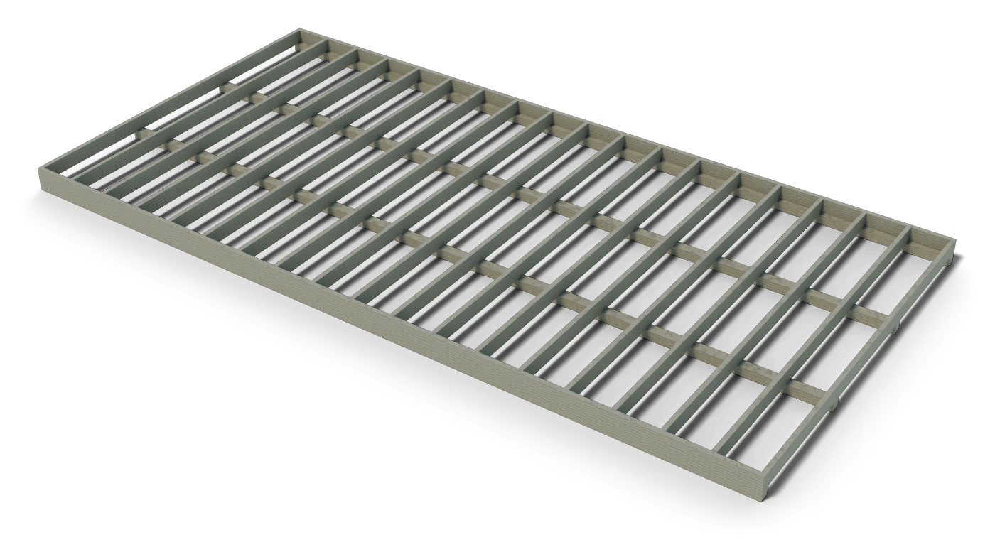 Build step: the 12x24 shed floor frame: pressure-treated joists and rim boards on skids
