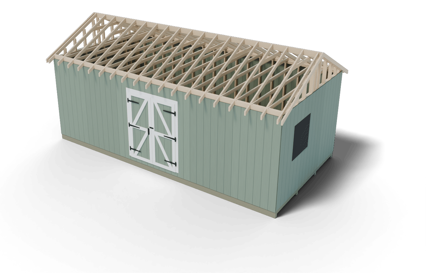 Build step: the 12x24 gable shed roof framing in place, rafters on the wall plates