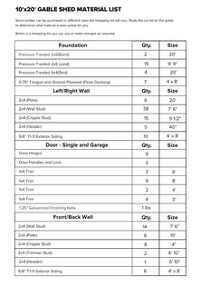 Material list page of the 10x20 Gable Storage Shed Plan