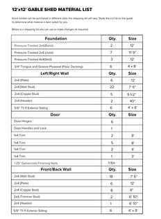 Material list page of the 12x12 Gable Storage Shed Plan