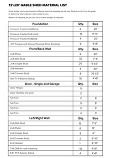 Material list page of the 12x20 Gable Storage Shed Plan