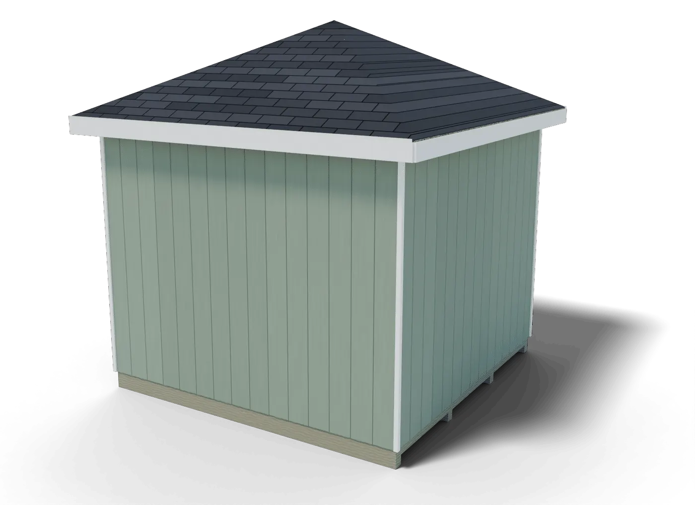 Back and side of the finished 10x10 hip roof shed, 3D render of the plan