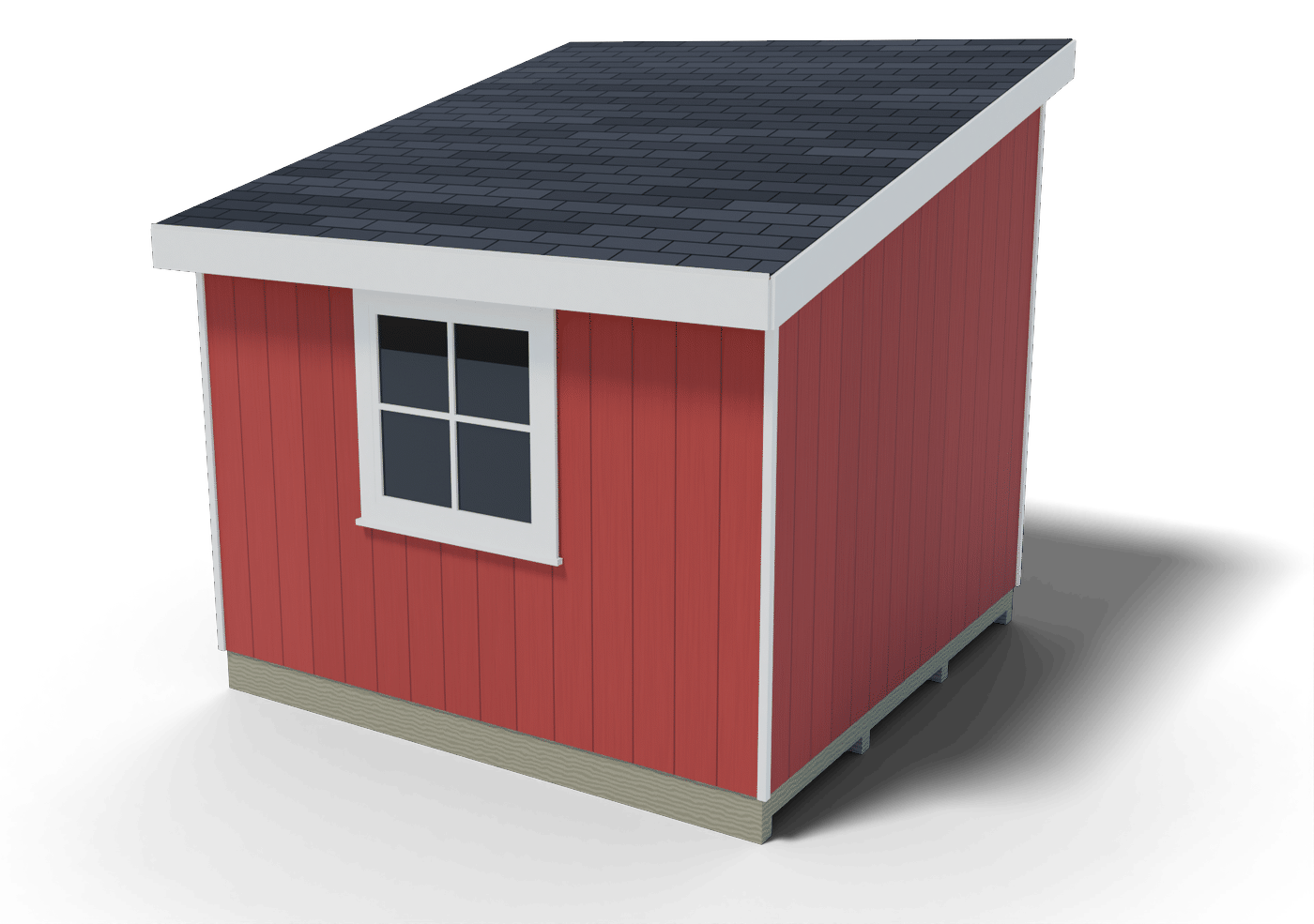 Back and side of the finished 10x10 lean-to shed, 3D render of the plan