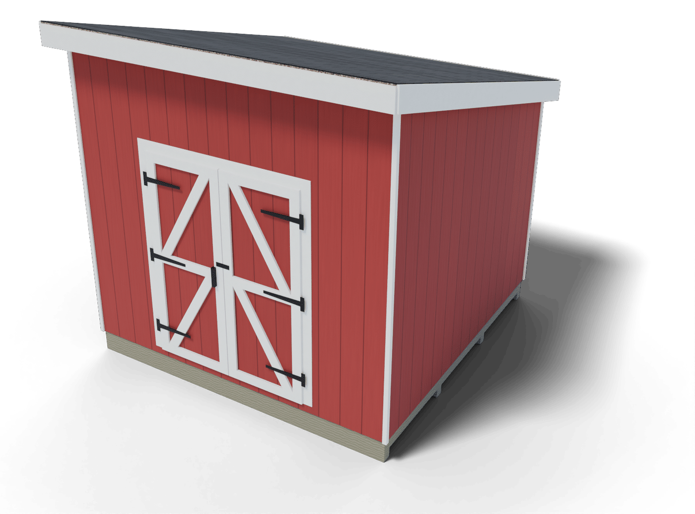 Finished 10x10 lean-to shed with a single-slope roof, double doors in the tall front wall and a window in the back wall, 3D render of the plan
