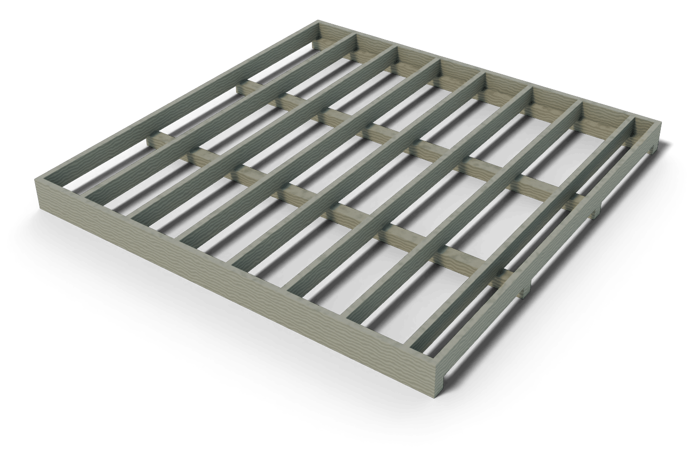 Build step: the 10x10 shed floor frame: pressure-treated joists and rim boards on skids