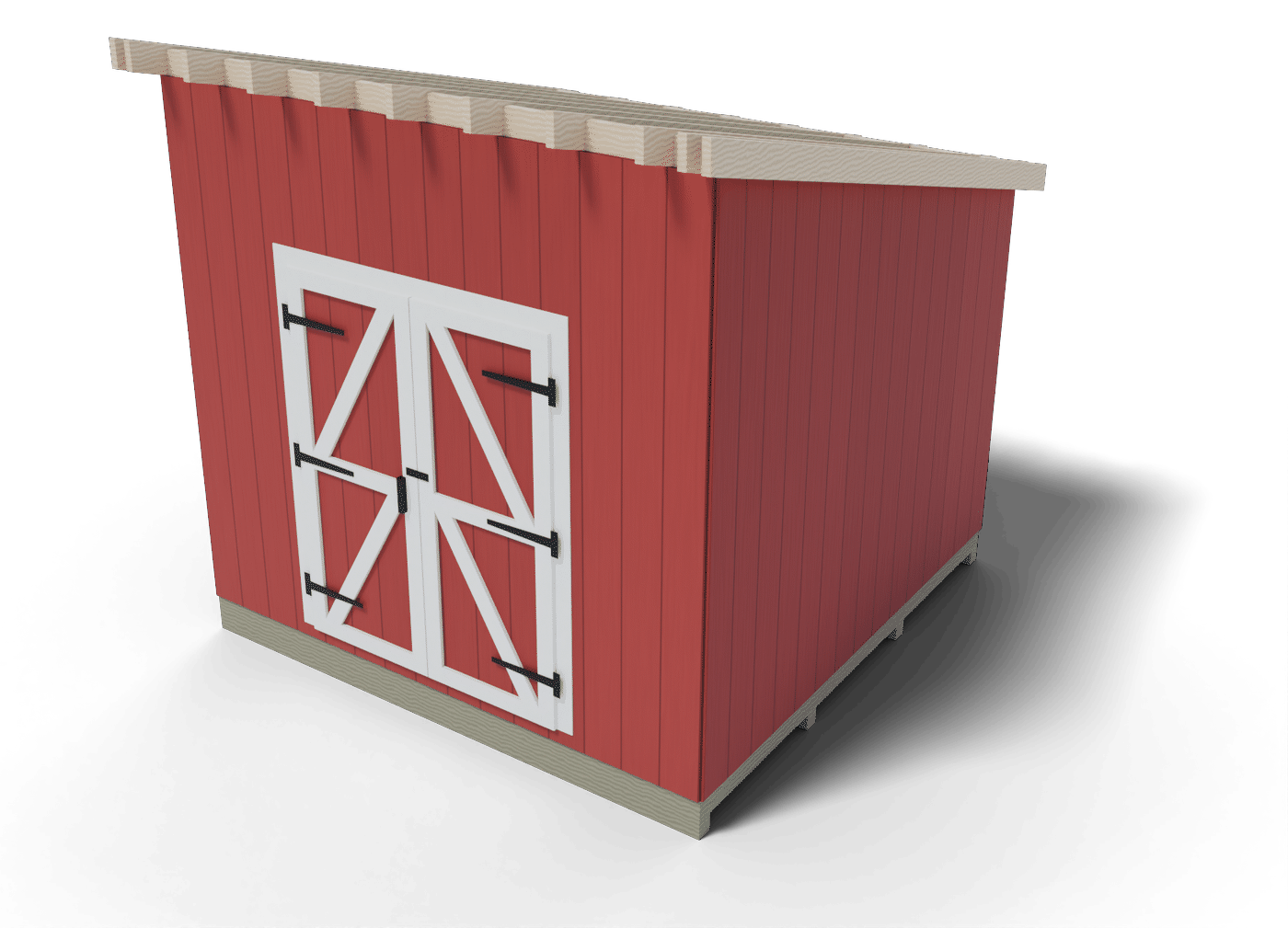Build step: the 10x10 lean-to shed roof framing in place, rafters on the wall plates