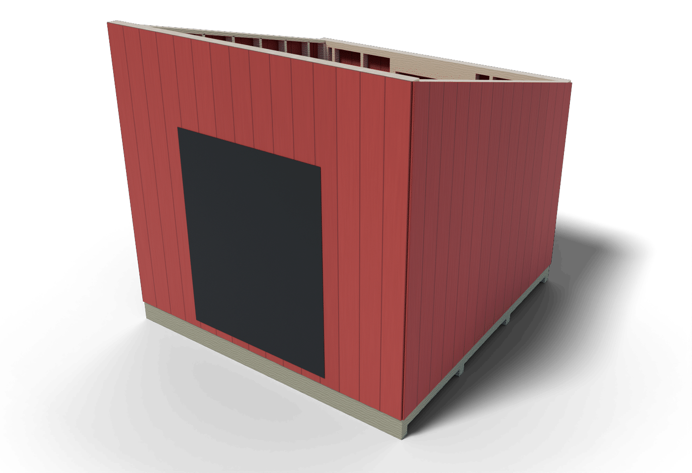 Build step: the 10x10 shed walls framed, sided with T1-11 and raised on the deck