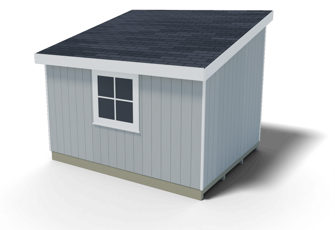 Back and side of the finished 10x12 lean-to shed, 3D render of the plan