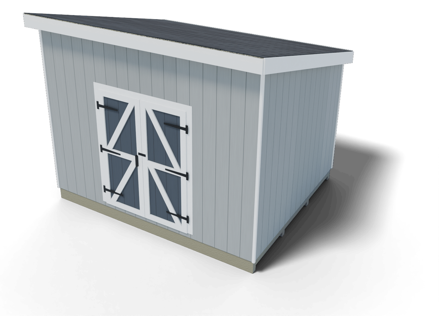 Finished 10x12 lean-to shed with a single-slope roof, double doors in the tall front wall and a window in the back wall, 3D render of the plan