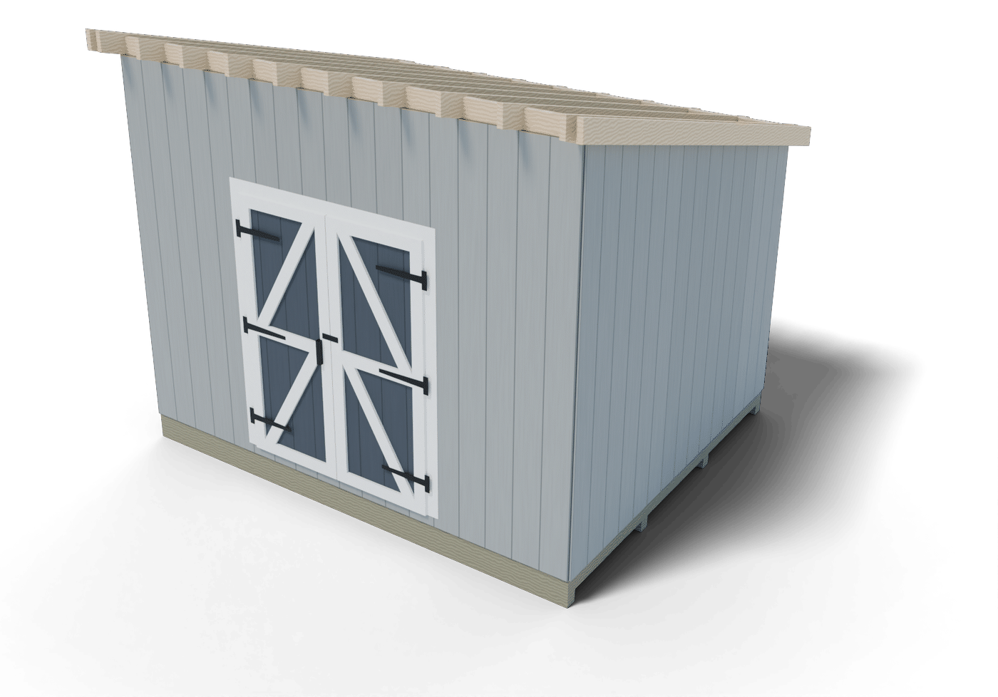 Build step: the 10x12 lean-to shed roof framing in place, rafters on the wall plates