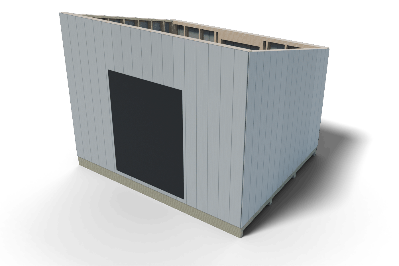 Build step: the 10x12 shed walls framed, sided with T1-11 and raised on the deck