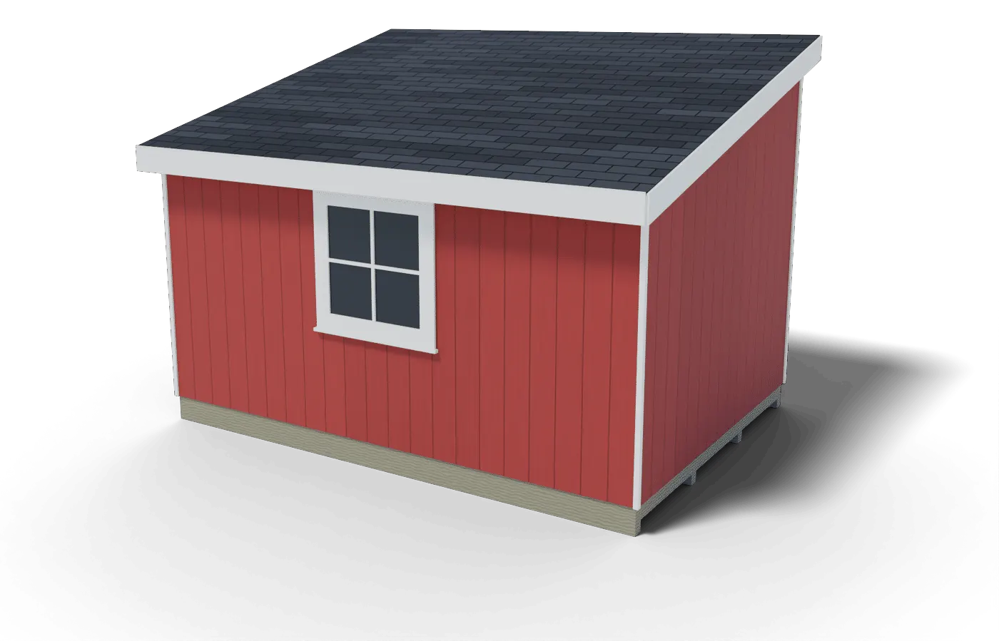 Back and side of the finished 10x14 lean-to shed, 3D render of the plan