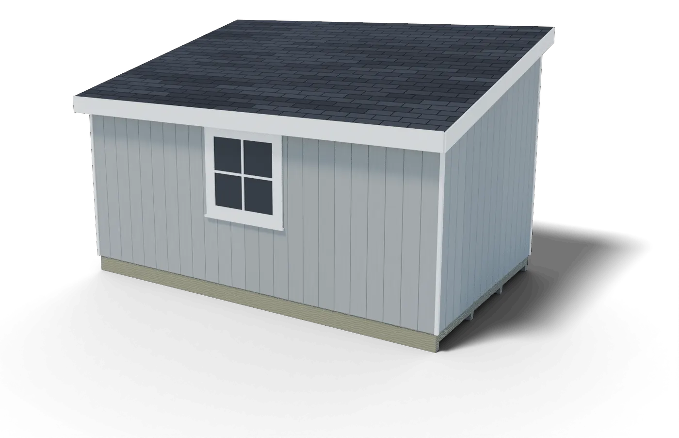 Back and side of the finished 10x16 lean-to shed, 3D render of the plan