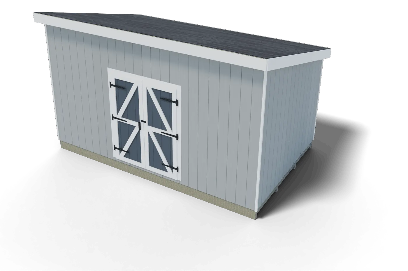 Finished 10x16 lean-to shed with a single-slope roof, double doors in the tall front wall and a window in the back wall, 3D render of the plan