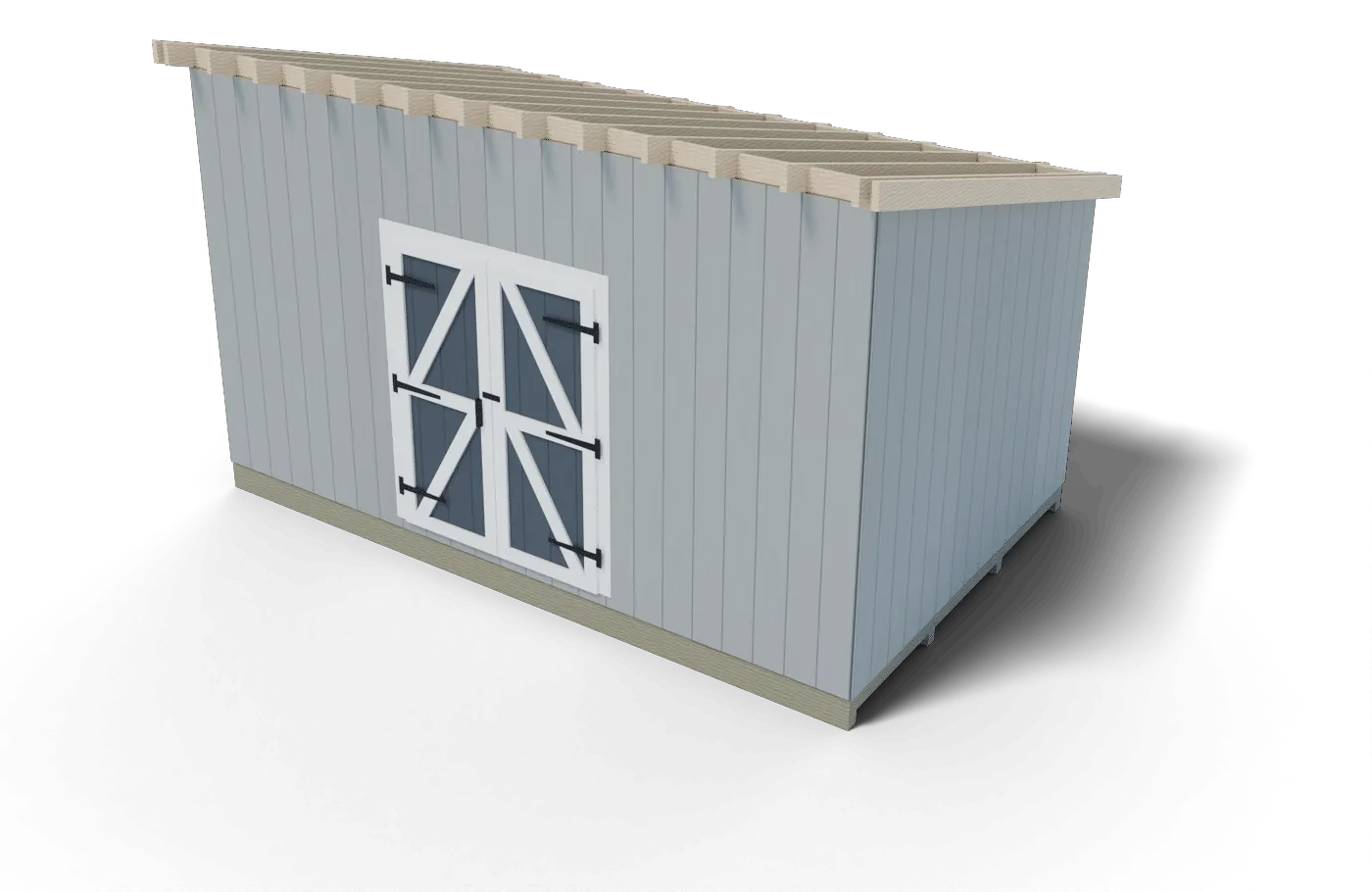 Build step: the 10x16 lean-to shed roof framing in place, rafters on the wall plates