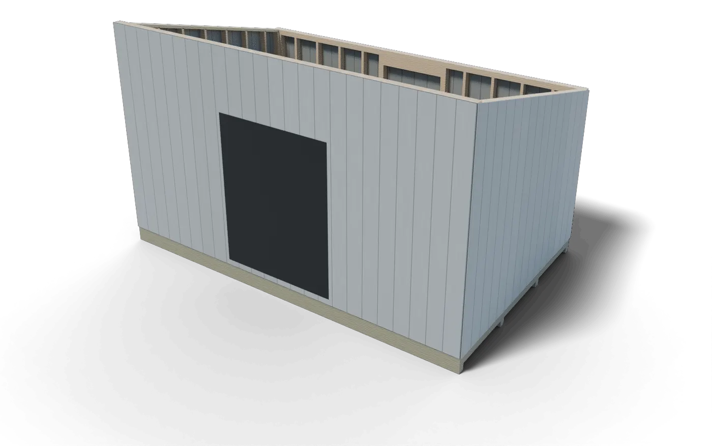 Build step: the 10x16 shed walls framed, sided with T1-11 and raised on the deck