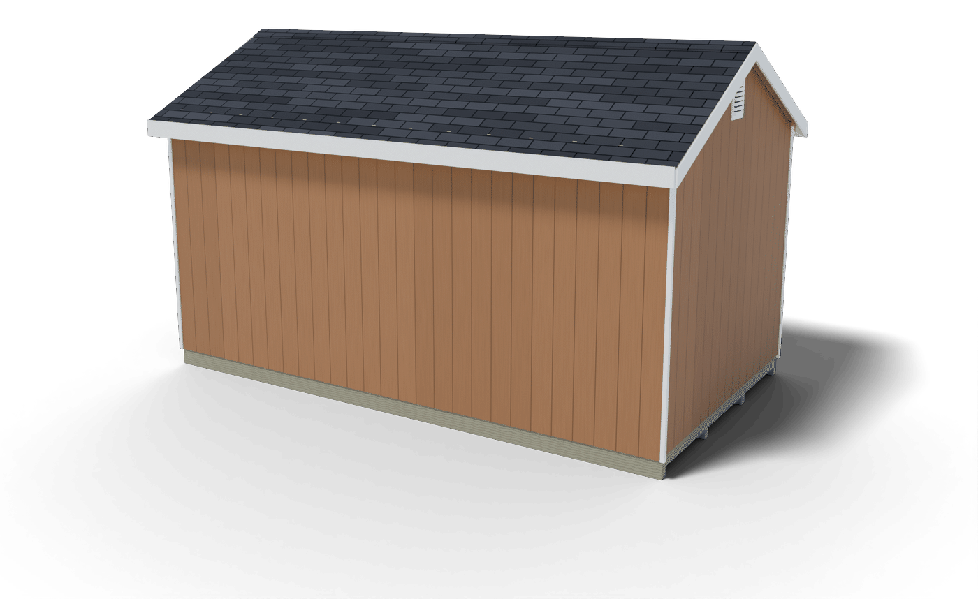 Back and side of the finished 10x18 gable shed, 3D render of the plan