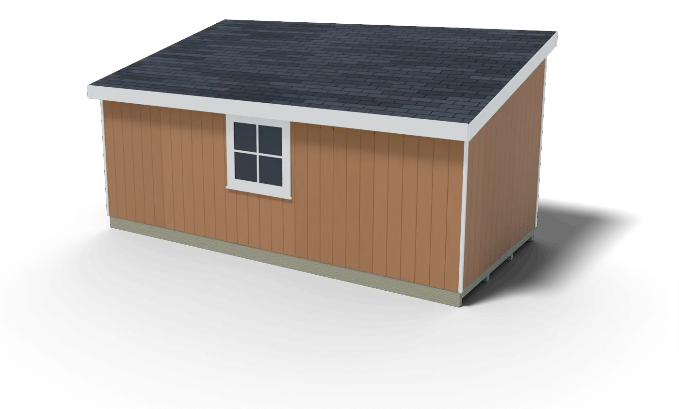Back and side of the finished 10x20 lean-to shed, 3D render of the plan