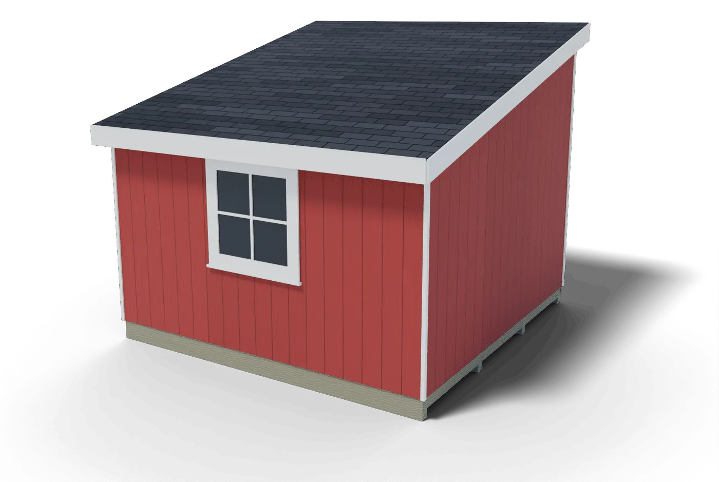 Back and side of the finished 12x12 lean-to shed, 3D render of the plan