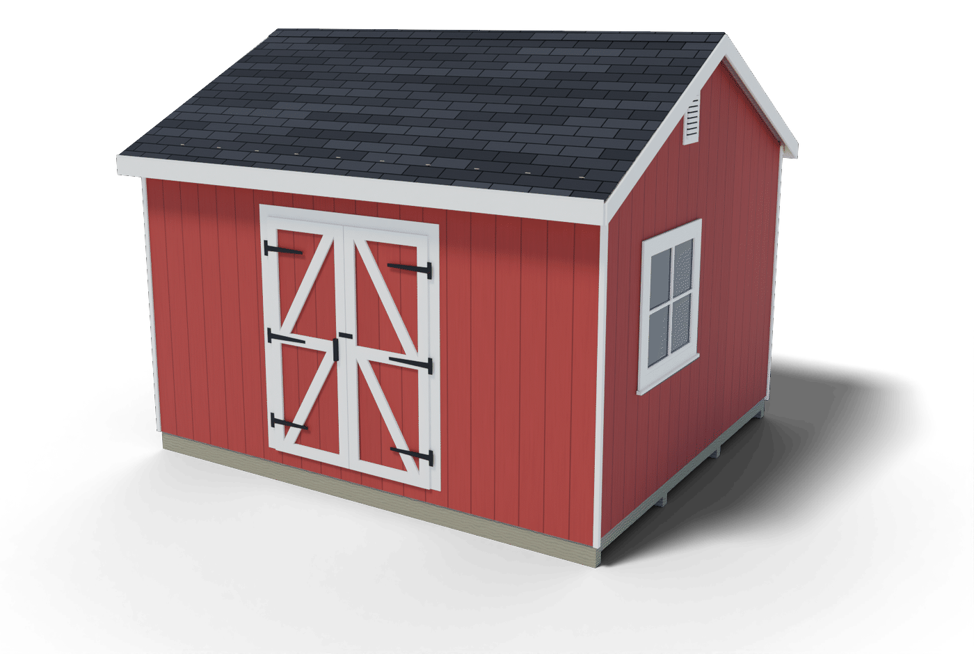 Finished 12x14 gable shed with double doors with Z braces and a side window, 3D render of the plan
