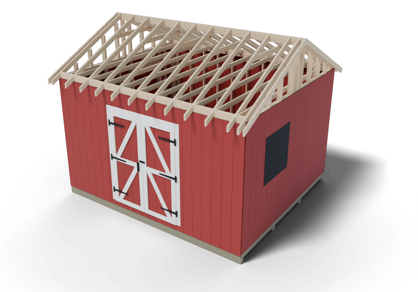 Build step: the 12x14 gable shed roof framing in place, rafters on the wall plates