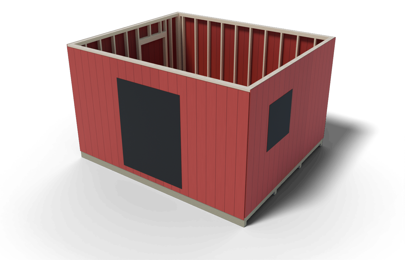 Build step: the 12x14 shed walls framed, sided with T1-11 and raised on the deck