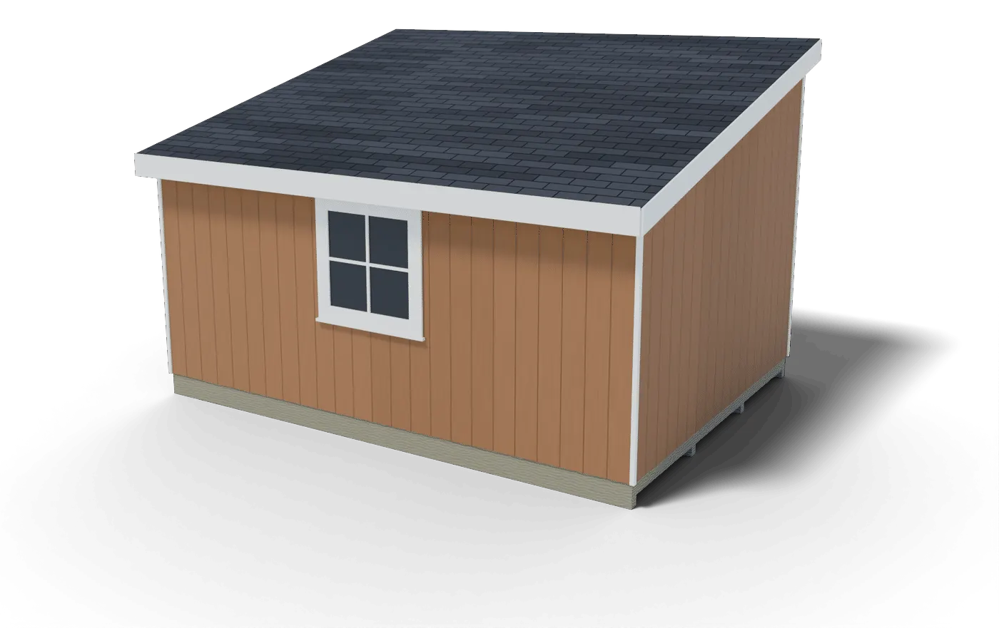 Back and side of the finished 12x16 lean-to shed, 3D render of the plan
