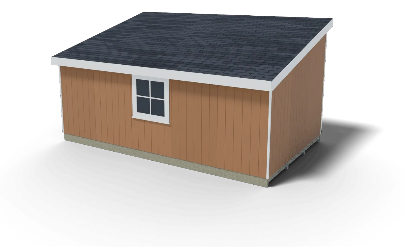 Back and side of the finished 12x20 lean-to shed, 3D render of the plan