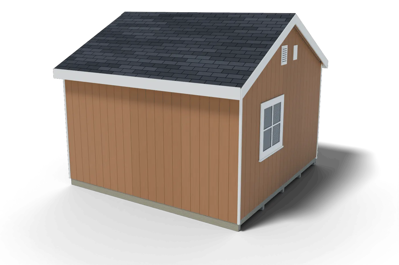 Back and side of the finished 14x14 gable shed, 3D render of the plan