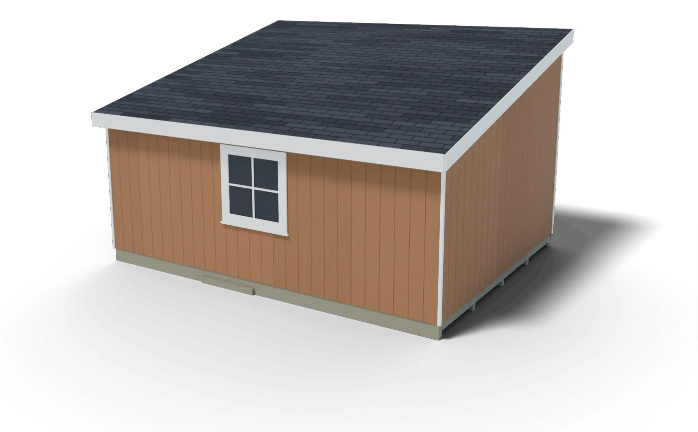 Back and side of the finished 14x18 lean-to shed, 3D render of the plan