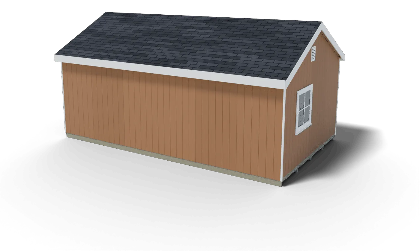 Back and side of the finished 14x24 gable shed, 3D render of the plan