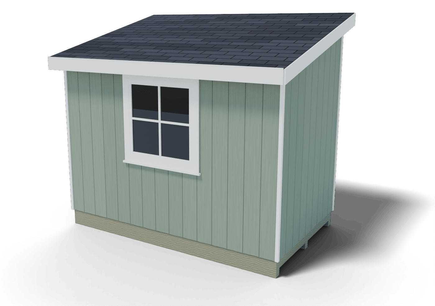 Back and side of the finished 6x10 lean-to shed, 3D render of the plan