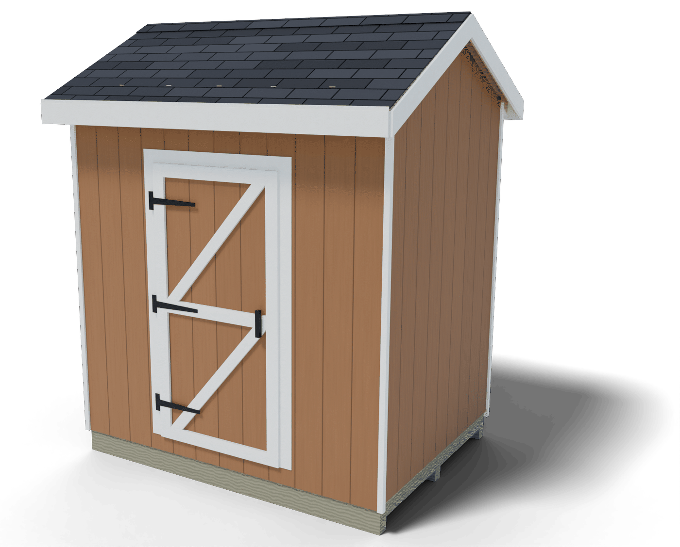 Finished 6x8 gable shed with double doors with Z braces and a side window, 3D render of the plan
