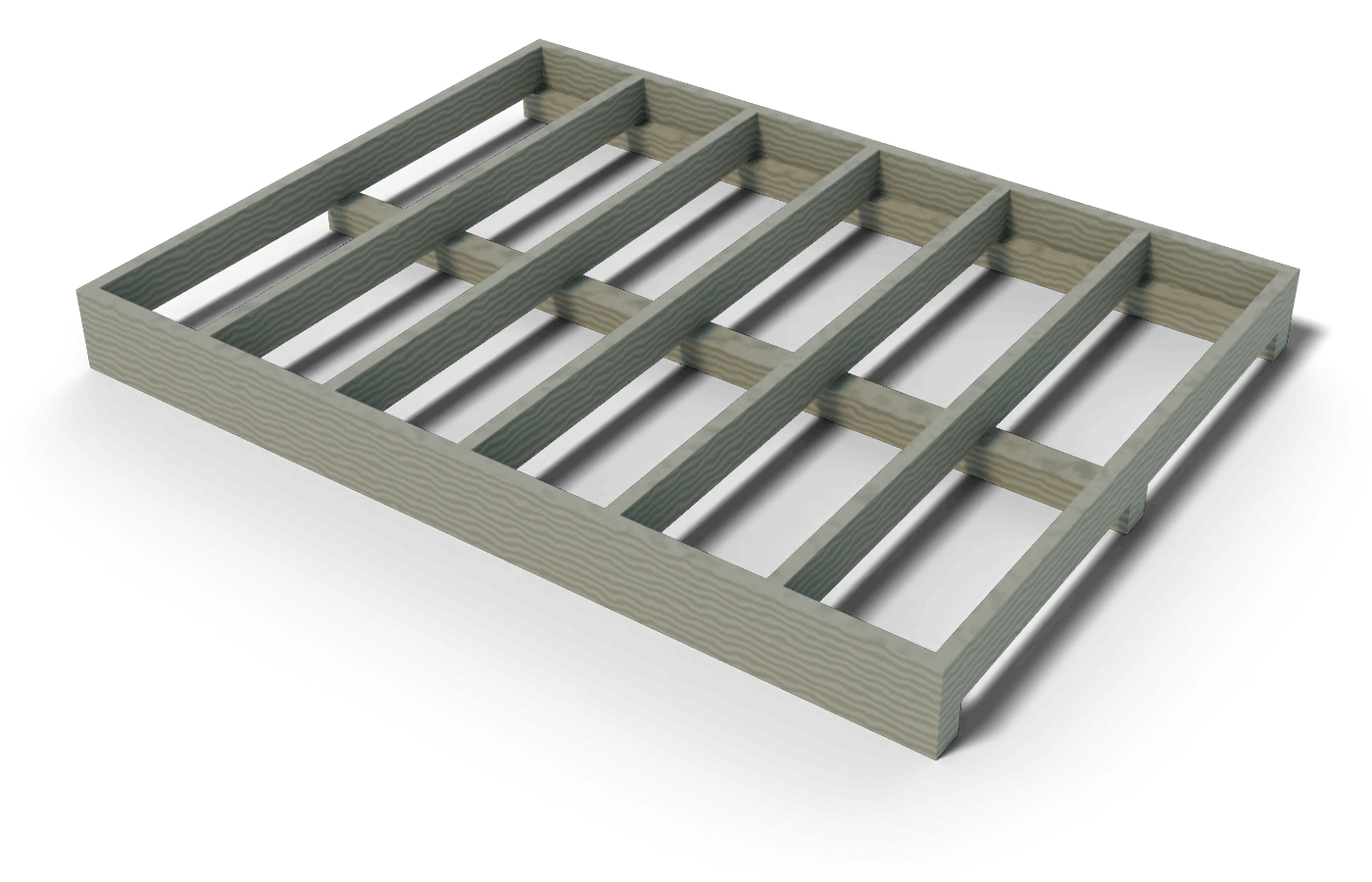 Build step: the 6x8 shed floor frame: pressure-treated joists and rim boards on skids
