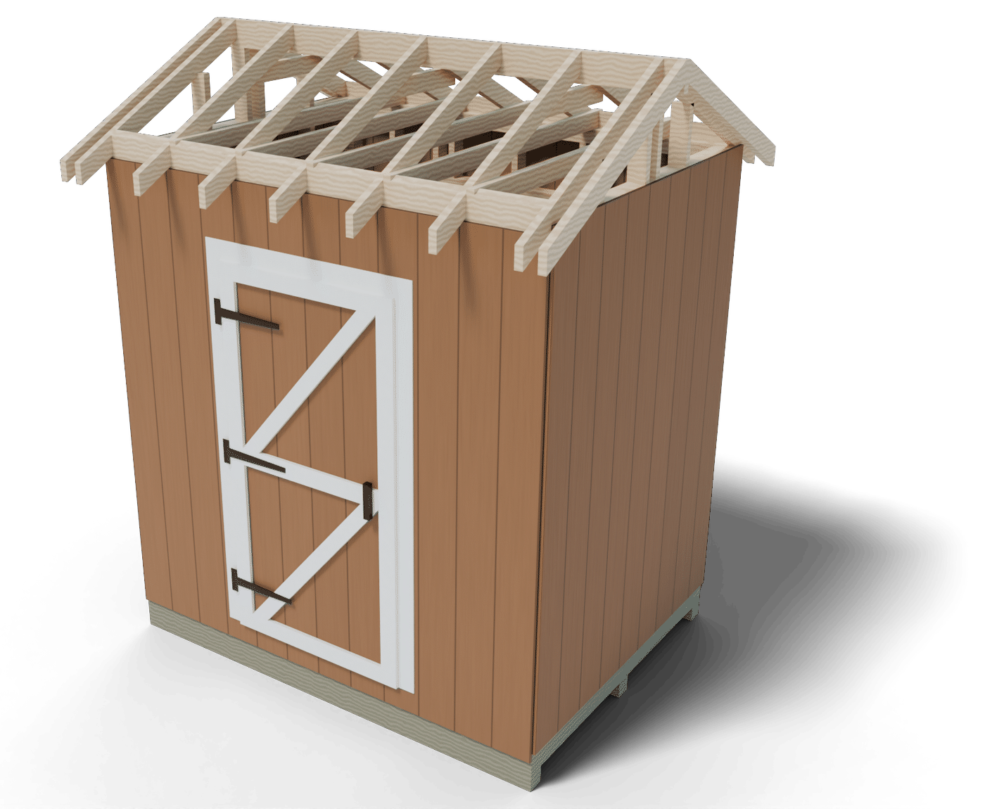 Build step: the 6x8 gable shed roof framing in place, rafters on the wall plates